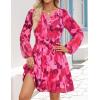 ZESICA Womens Spring Long Sleeve Floral Mini Dress 2026 Summer Boho V Neck A-Line Flowy Dresses Beach Vacation Clothes(Rose)