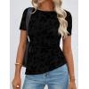 ZESICA Women’s Summer Floral Short Sleeve Tops 2026 Mesh Crewneck Asymmetrical Ruched Fitted Going Out Shirts Y2K Clothes(Black)