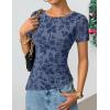 ZESICA Women’s Summer Floral Short Sleeve Tops 2026 Mesh Crewneck Asymmetrical Ruched Fitted Going Out Shirts Y2K Clothes(Dustyblue)