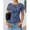 ZESICA Women’s Summer Floral Short Sleeve Tops 2026 Mesh Crewneck Asymmetrical Ruched Fitted Going Out Shirts Y2K Clothes(Dustyblue)