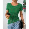 ZESICA Women’s Summer Floral Short Sleeve Tops 2026 Mesh Crewneck Asymmetrical Ruched Fitted Going Out Shirts Y2K Clothes(Green)