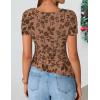 ZESICA Women’s Summer Floral Short Sleeve Tops 2026 Mesh Crewneck Asymmetrical Ruched Fitted Going Out Shirts Y2K Clothes(Khaki)