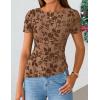 ZESICA Women’s Summer Floral Short Sleeve Tops 2026 Mesh Crewneck Asymmetrical Ruched Fitted Going Out Shirts Y2K Clothes(Khaki)