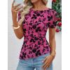 ZESICA Women’s Summer Floral Short Sleeve Tops 2026 Mesh Crewneck Asymmetrical Ruched Fitted Going Out Shirts Y2K Clothes(Rose)