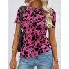 ZESICA Women’s Summer Floral Short Sleeve Tops 2026 Mesh Crewneck Asymmetrical Ruched Fitted Going Out Shirts Y2K Clothes(Rose)