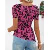 ZESICA Women’s Summer Floral Short Sleeve Tops 2026 Mesh Crewneck Asymmetrical Ruched Fitted Going Out Shirts Y2K Clothes(Rose)