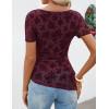 ZESICA Women’s Summer Floral Short Sleeve Tops 2026 Mesh Crewneck Asymmetrical Ruched Fitted Going Out Shirts Y2K Clothes(Wine)