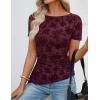 ZESICA Women’s Summer Floral Short Sleeve Tops 2026 Mesh Crewneck Asymmetrical Ruched Fitted Going Out Shirts Y2K Clothes(Wine)