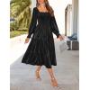 ZESICA Women’s Velvet Long Sleeve Dresses 2026 Winter Square Neck Smocked Ruffle A Line Flowy Cocktail Party Midi Dress(Black)