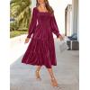ZESICA Women’s Velvet Long Sleeve Dresses 2026 Winter Square Neck Smocked Ruffle A Line Flowy Cocktail Party Midi Dress(Burgundy)