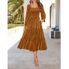ZESICA Women’s Velvet Long Sleeve Dresses 2026 Winter Square Neck Smocked Ruffle A Line Flowy Cocktail Party Midi Dress(Caramel)