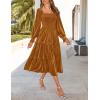 ZESICA Women’s Velvet Long Sleeve Dresses 2026 Winter Square Neck Smocked Ruffle A Line Flowy Cocktail Party Midi Dress(Caramel)