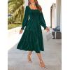 ZESICA Women’s Velvet Long Sleeve Dresses 2026 Winter Square Neck Smocked Ruffle A Line Flowy Cocktail Party Midi Dress(Dark Green)