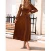 ZESICA Women’s Velvet Midi Dress 2026 Casual V Neck Long Sleeve Solid Color Elastic High Waist Flowy Evening Party Dresses(Caramel)