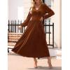 ZESICA Women’s Velvet Midi Dress 2026 Casual V Neck Long Sleeve Solid Color Elastic High Waist Flowy Evening Party Dresses(Caramel)