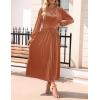 ZESICA Women’s Velvet Midi Dress 2026 Casual V Neck Long Sleeve Solid Color Elastic High Waist Flowy Evening Party Dresses(Orange Red)