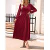 ZESICA Women’s Velvet Midi Dress 2026 Casual V Neck Long Sleeve Solid Color Elastic High Waist Flowy Evening Party Dresses(Wine Red)