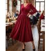 ZESICA Women’s Velvet Midi Dress 2026 Casual V Neck Long Sleeve Solid Color Elastic High Waist Flowy Evening Party Dresses(Wine Red)