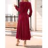 ZESICA Women’s Velvet Midi Dress 2026 Casual V Neck Long Sleeve Solid Color Elastic High Waist Flowy Evening Party Dresses(Wine Red)