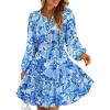 ZESICA Womens Spring Long Sleeve Floral Mini Dress 2026 Summer Boho V Neck A-Line Flowy Dresses Beach Vacation Clothes(Blue)