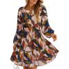 ZESICA Womens Spring Long Sleeve Floral Mini Dress 2026 Summer Boho V Neck A-Line Flowy Dresses Beach Vacation Clothes(Brown)