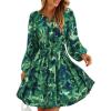 ZESICA Womens Spring Long Sleeve Floral Mini Dress 2026 Summer Boho V Neck A-Line Flowy Dresses Beach Vacation Clothes(Darkgreen)