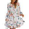 ZESICA Womens Spring Long Sleeve Floral Mini Dress 2026 Summer Boho V Neck A-Line Flowy Dresses Beach Vacation Clothes(Ivory)