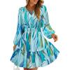 ZESICA Womens Spring Long Sleeve Floral Mini Dress 2026 Summer Boho V Neck A-Line Flowy Dresses Beach Vacation Clothes(Lake)