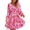 ZESICA Womens Spring Long Sleeve Floral Mini Dress 2026 Summer Boho V Neck A-Line Flowy Dresses Beach Vacation Clothes(Red)