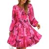 ZESICA Womens Spring Long Sleeve Floral Mini Dress 2026 Summer Boho V Neck A-Line Flowy Dresses Beach Vacation Clothes(Rose)
