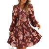 ZESICA Womens Spring Long Sleeve Floral Mini Dress 2026 Summer Boho V Neck A-Line Flowy Dresses Beach Vacation Clothes(Rose Brown)