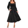 ZESICA Women’s Velvet Long Sleeve Dresses 2026 Winter Square Neck Smocked Ruffle A Line Flowy Cocktail Party Midi Dress(Black)
