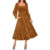 ZESICA Women’s Velvet Long Sleeve Dresses 2026 Winter Square Neck Smocked Ruffle A Line Flowy Cocktail Party Midi Dress(Caramel)