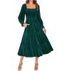 ZESICA Women’s Velvet Long Sleeve Dresses 2026 Winter Square Neck Smocked Ruffle A Line Flowy Cocktail Party Midi Dress(Dark Green)