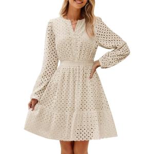 ZESICA Women’s 2026 Long Sleeve Mini Dress Fall V Neck Hollow Out Eyelet Embroidery Ruffle A Line Swing Short Dresses(Apricot)
