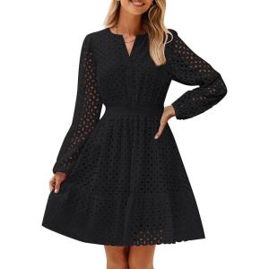 ZESICA Women’s 2026 Long Sleeve Mini Dress Fall V Neck Hollow Out Eyelet Embroidery Ruffle A Line Swing Short Dresses(Black)