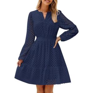 ZESICA Women’s 2026 Long Sleeve Mini Dress Fall V Neck Hollow Out Eyelet Embroidery Ruffle A Line Swing Short Dresses(Navy)