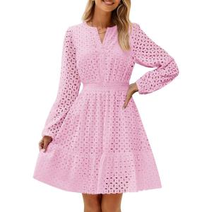 ZESICA Women’s 2026 Long Sleeve Mini Dress Fall V Neck Hollow Out Eyelet Embroidery Ruffle A Line Swing Short Dresses(Pink)