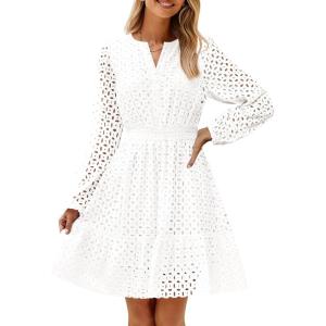 ZESICA Women’s 2026 Long Sleeve Mini Dress Fall V Neck Hollow Out Eyelet Embroidery Ruffle A Line Swing Short Dresses(White)