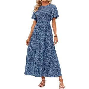 ZESICA Women’s 2026 Summer Casual Floral Print Short Flutter Sleeve Crew Neck Smocked High Waist Flowy Maxi Dress(Darkblue)
