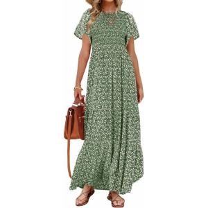 ZESICA Women’s 2026 Summer Casual Floral Print Short Flutter Sleeve Crew Neck Smocked High Waist Flowy Maxi Dress(Olive)