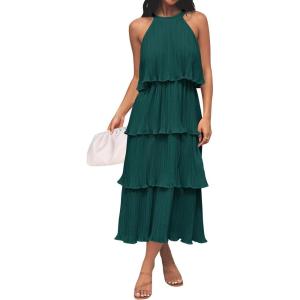 ZESICA Women’s 2026 Summer Sleeveless Halter Neck Ruffle Tiered Layed Chiffon Flowy Swing Long Midi Dress(Darkgreen)