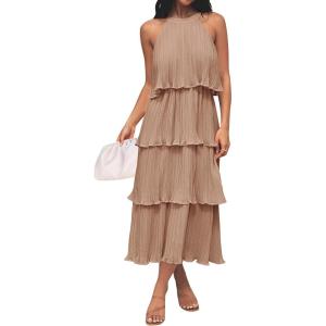 ZESICA Women’s 2026 Summer Sleeveless Halter Neck Ruffle Tiered Layed Chiffon Flowy Swing Long Midi Dress(Khaki)