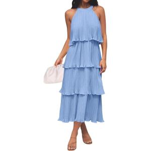 ZESICA Women’s 2026 Summer Sleeveless Halter Neck Ruffle Tiered Layed Chiffon Flowy Swing Long Midi Dress(Lightblue)