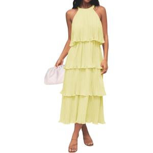 ZESICA Women’s 2026 Summer Sleeveless Halter Neck Ruffle Tiered Layed Chiffon Flowy Swing Long Midi Dress(Lightyellow)
