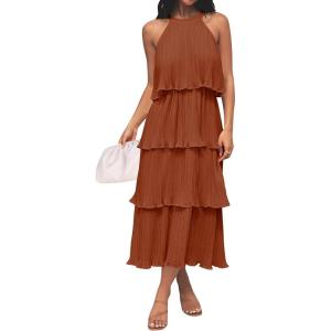 ZESICA Women’s 2026 Summer Sleeveless Halter Neck Ruffle Tiered Layed Chiffon Flowy Swing Long Midi Dress(Maple)