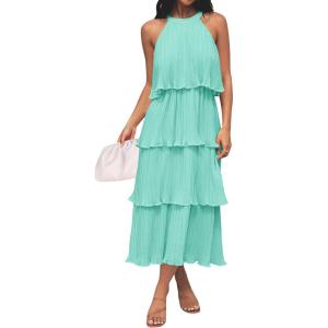 ZESICA Women’s 2026 Summer Sleeveless Halter Neck Ruffle Tiered Layed Chiffon Flowy Swing Long Midi Dress(Mint)
