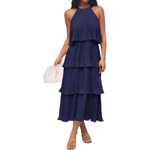 ZESICA Women’s 2026 Summer Sleeveless Halter Neck Ruffle Tiered Layed Chiffon Flowy Swing Long Midi Dress(Navy)