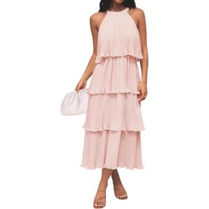 ZESICA Women’s 2026 Summer Sleeveless Halter Neck Ruffle Tiered Layed Chiffon Flowy Swing Long Midi Dress(Pink)