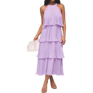 ZESICA Women’s 2026 Summer Sleeveless Halter Neck Ruffle Tiered Layed Chiffon Flowy Swing Long Midi Dress(Purple)